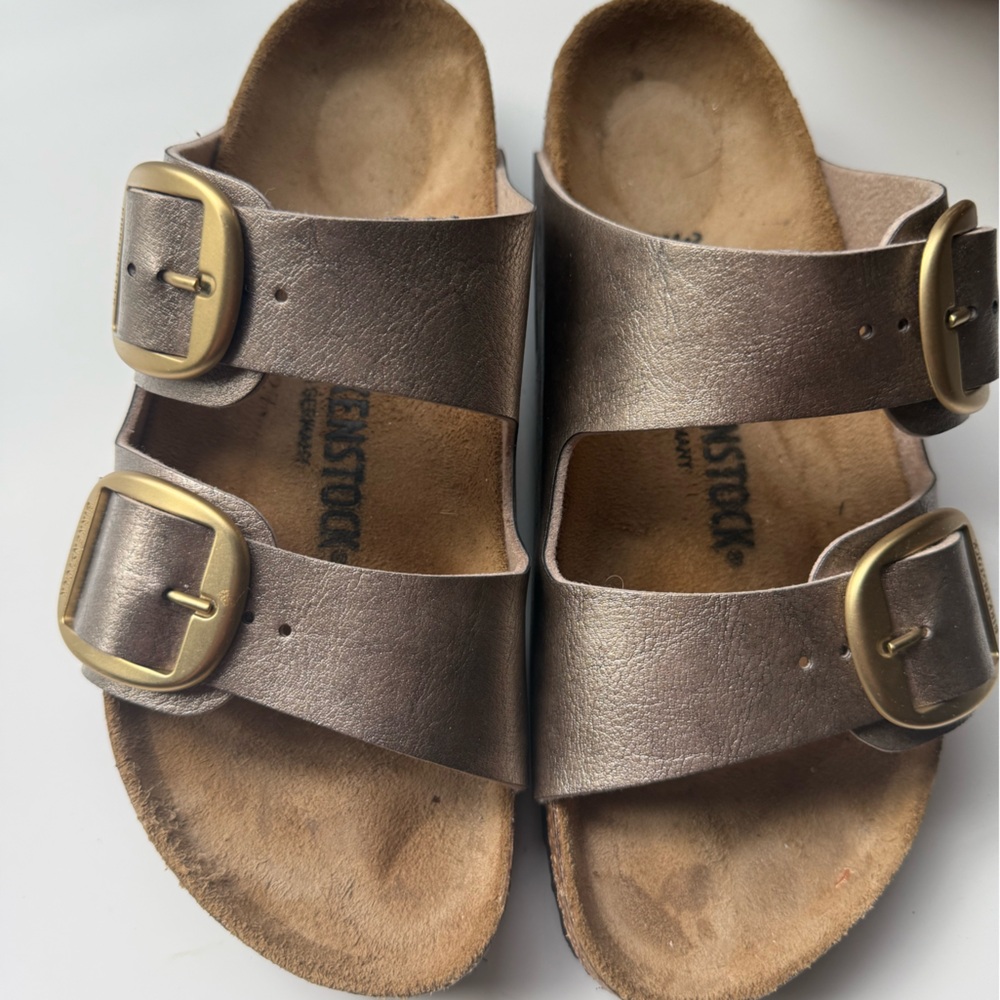 Birkenstock Bronze Sandals with Gold Buckles 38